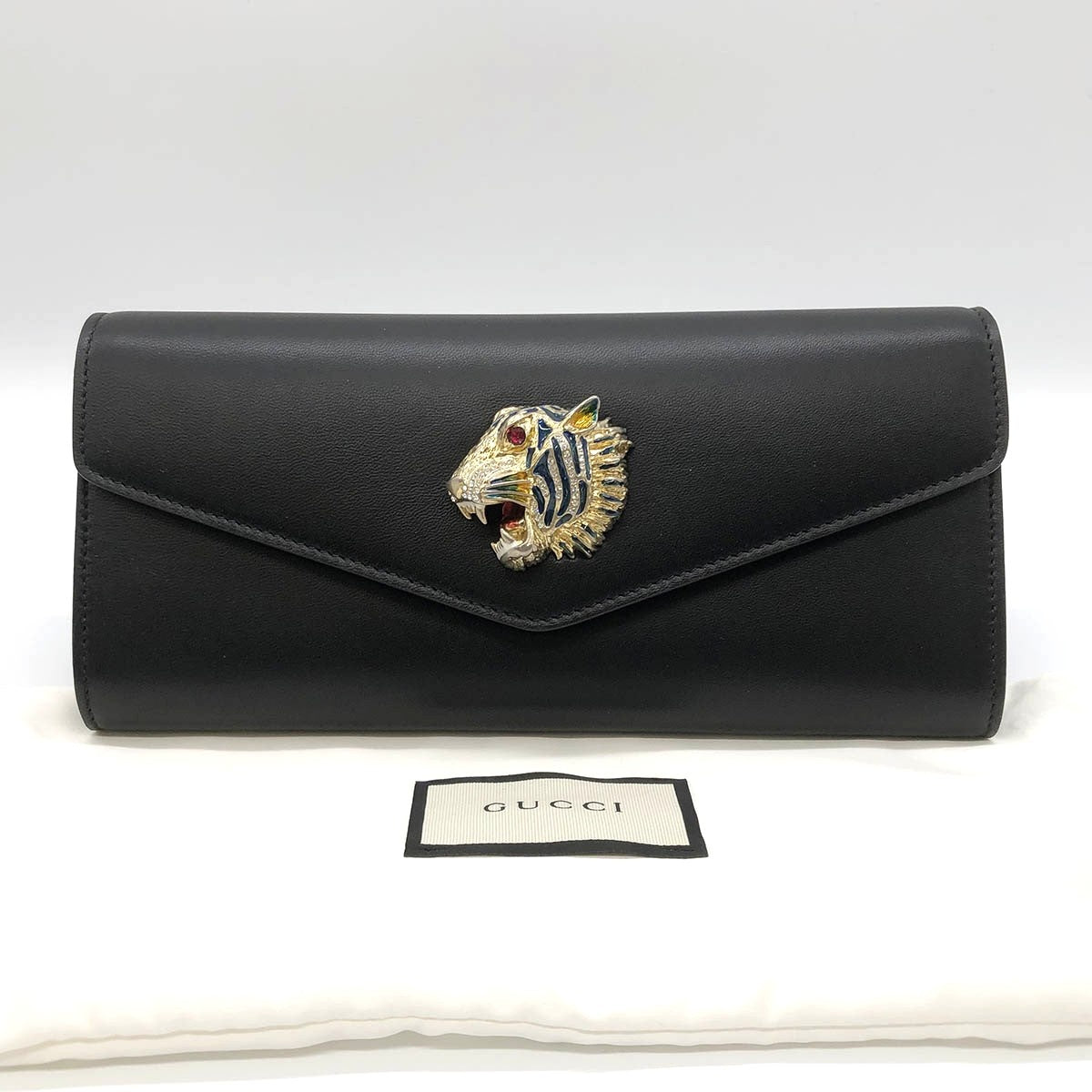 Gucci 576532 Raja Broadway Tiger Leather Clutch Bag in Black and Gold