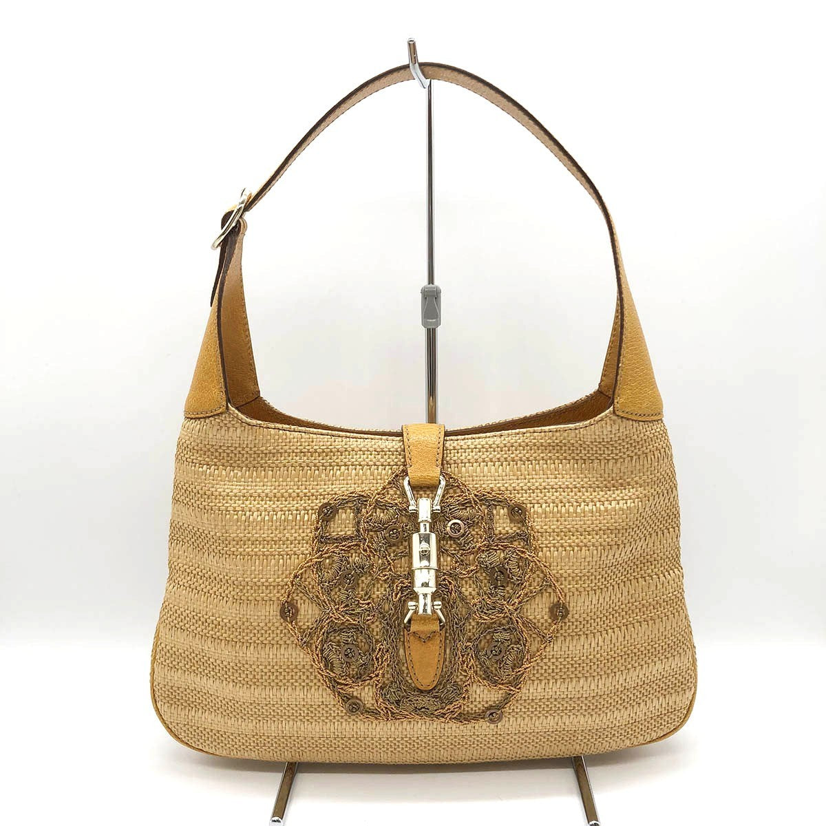 Gucci 140040 New Jackie One-Shoulder Bag, Embroidered Straw Leather, Yellow, Beige, Orange