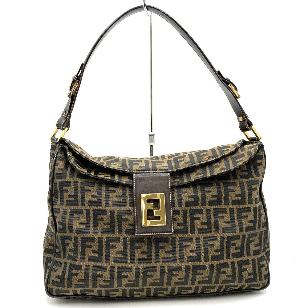 Fendi Zucca A4-sized shoulder bag with FF logo, one-shoulder style, nylon canvas, brown