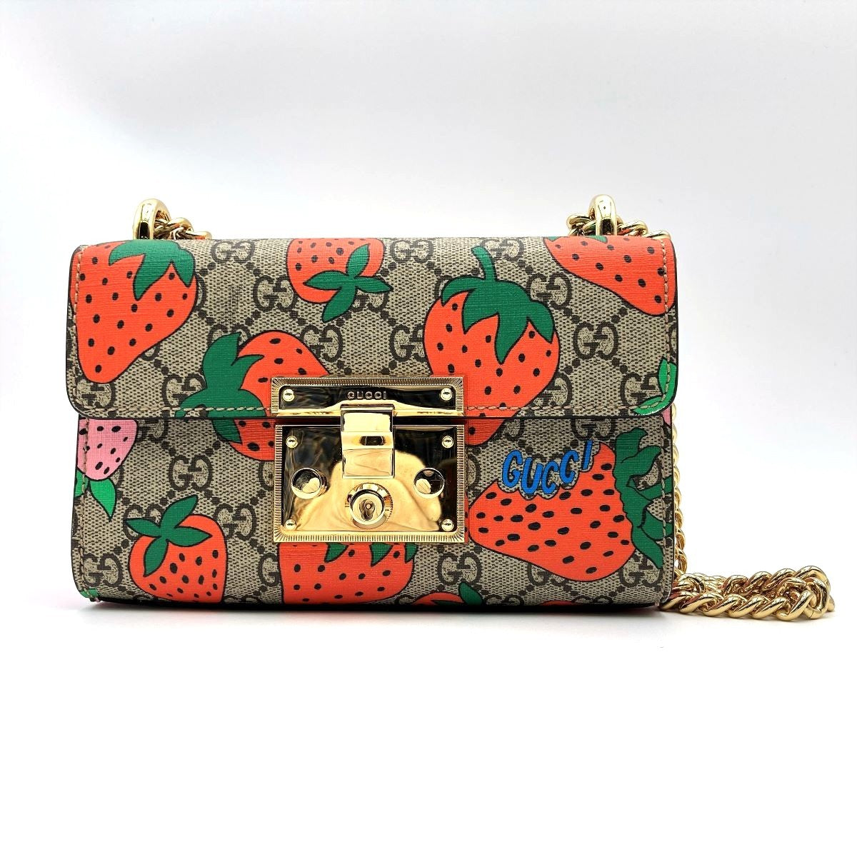 Gucci 409487 Shoulder Bag GG Supreme Strawberry Pattern Strawberry Red Pink Gold