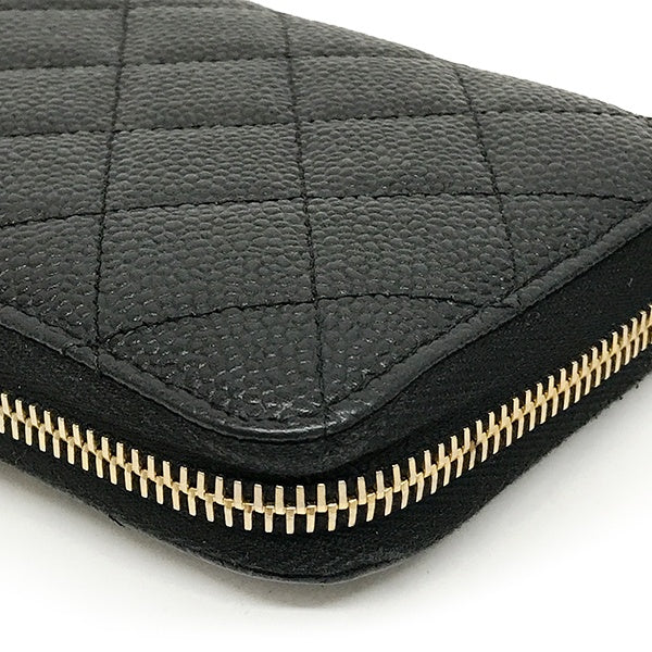 Chanel round zipper long wallet, full zip, Matelasse caviar skin, Coco mark, black leather
