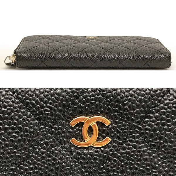 Chanel round zipper long wallet, full zip, Matelasse caviar skin, Coco mark, black leather