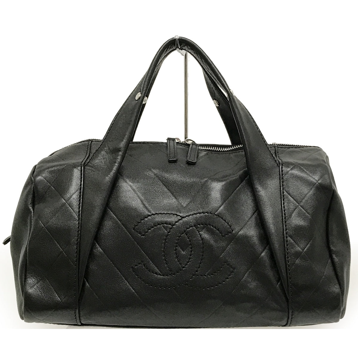 Used Chanel Mini Boston Handbag with Chevron and Coco Mark in Black Leather
