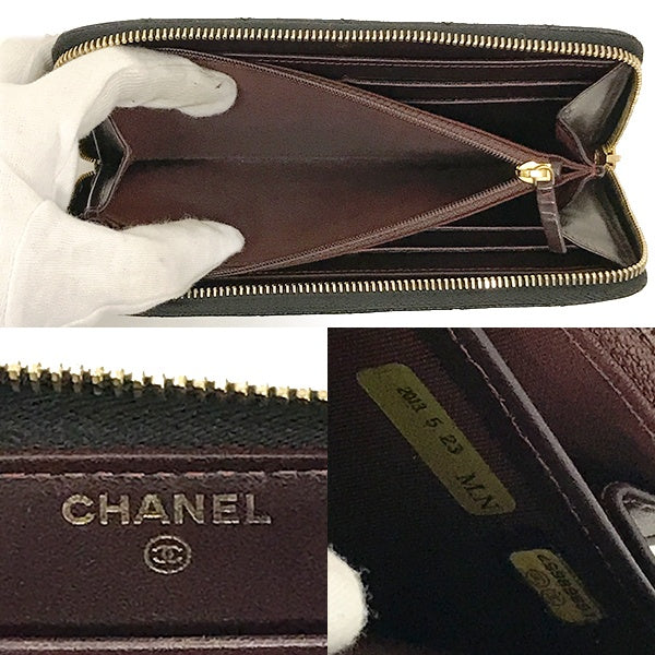 Chanel round zipper long wallet, full zip, Matelasse caviar skin, Coco mark, black leather