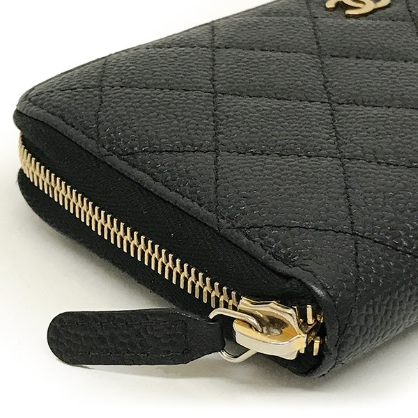 Chanel round zipper long wallet, full zip, Matelasse caviar skin, Coco mark, black leather