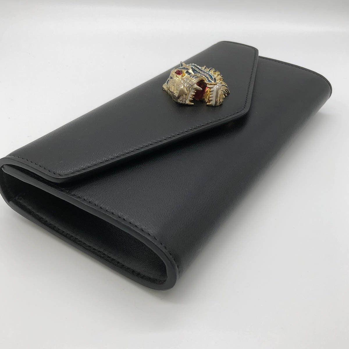 Gucci 576532 Raja Broadway Tiger Leather Clutch Bag in Black and Gold