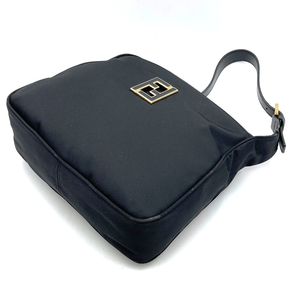Fendi 06 11 15328 982 Shoulder Bag with FF Logo, Nylon/Leather, Black