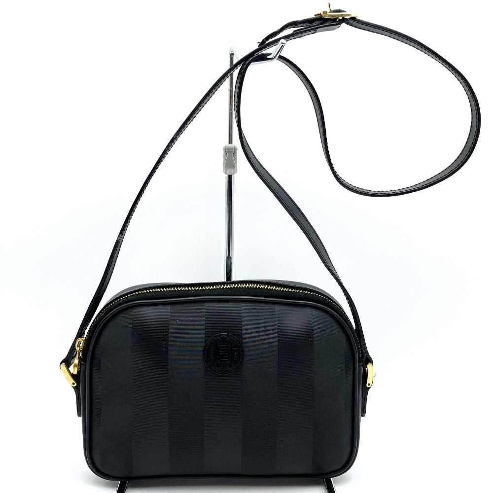 Fendi Pecan Shoulder Bag in PVC/Leather, Black Vertical Stripes