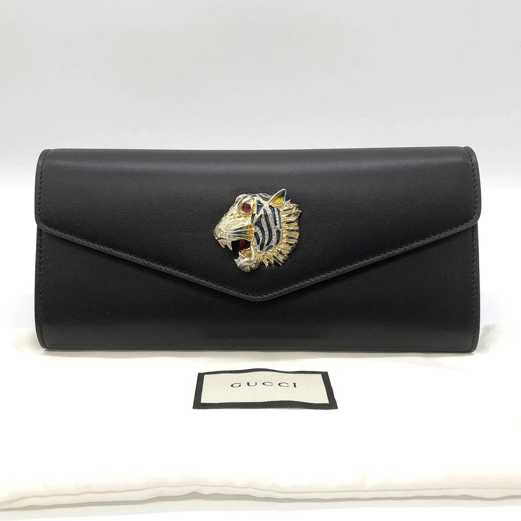Gucci 576532 Raja Broadway Tiger Leather Clutch Bag in Black and Gold