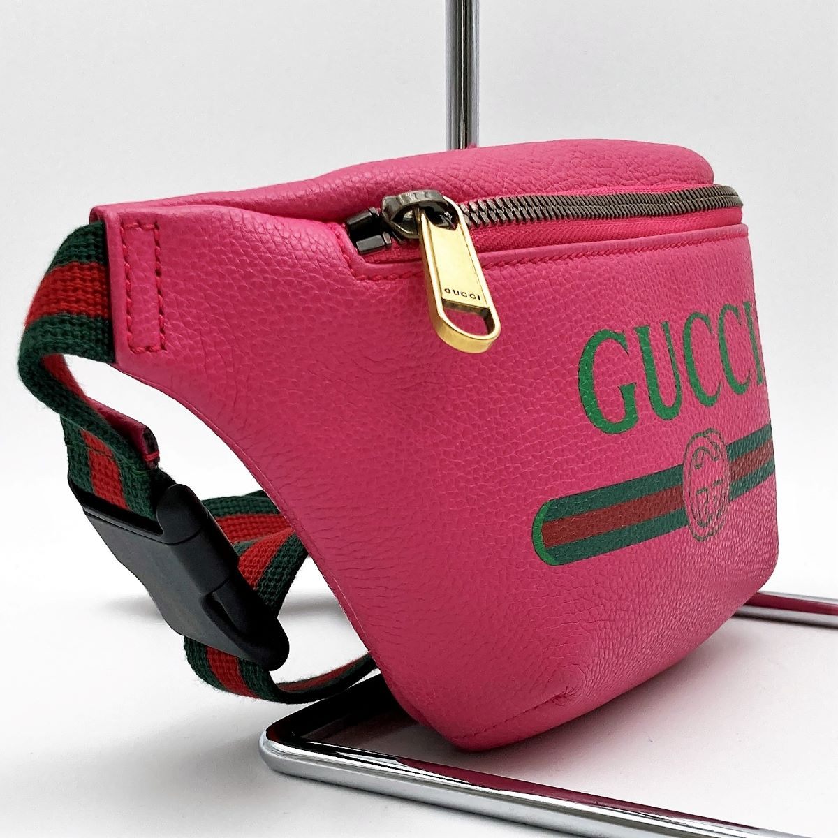 Gucci 527792 Waist Bag, Small Waist Pouch, Logo Print Leather, Pink and Green