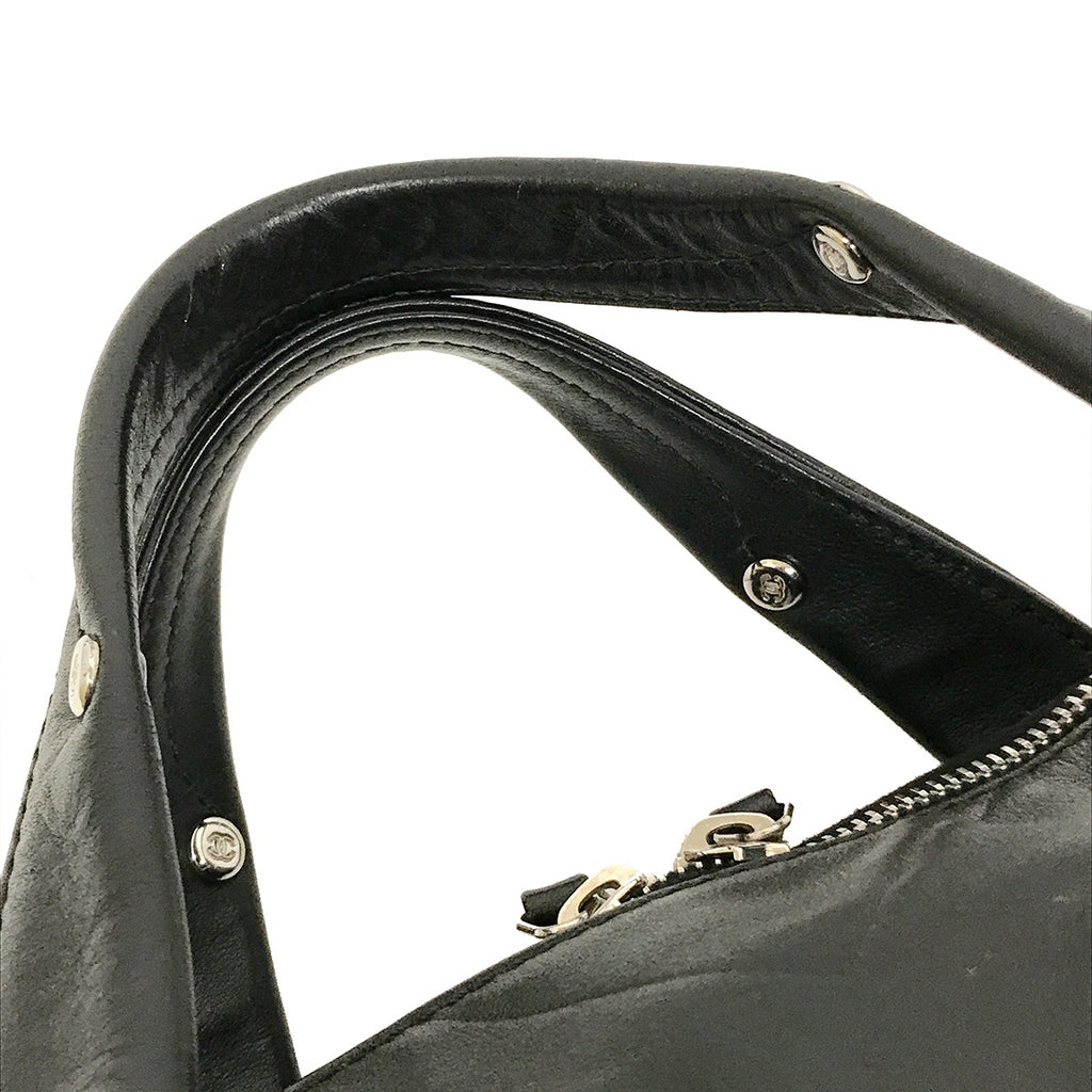 Used Chanel Mini Boston Handbag with Chevron and Coco Mark in Black Leather