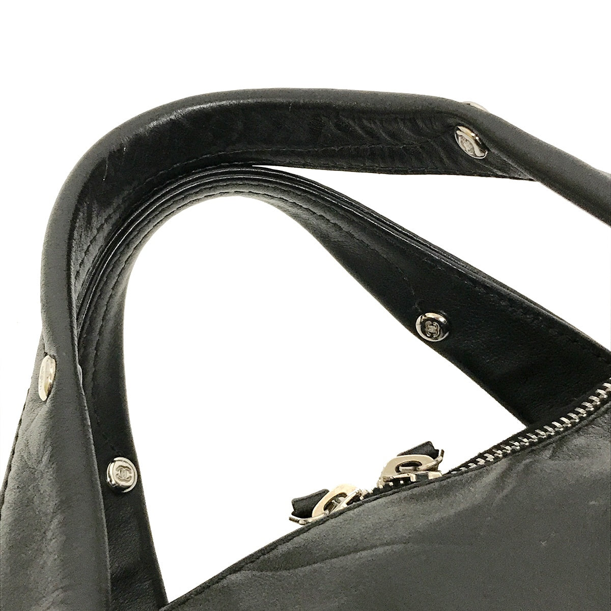 Used Chanel Mini Boston Handbag with Chevron and Coco Mark in Black Leather