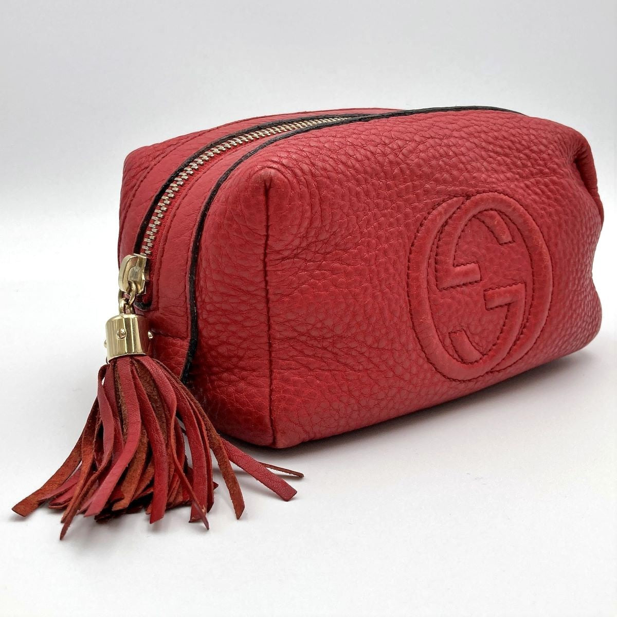 Gucci 308636 Soho Pouch with Tassel and Interlocking G in Red Calfskin Leather