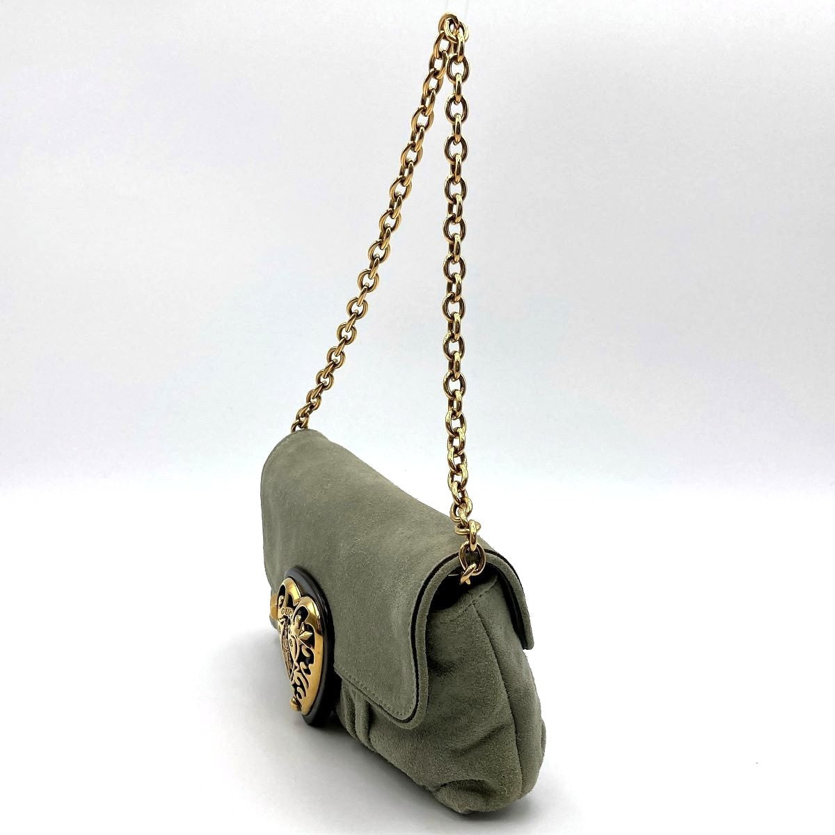 Gucci 208710 Hysteria Handbag in Gold Chain and Green Suede