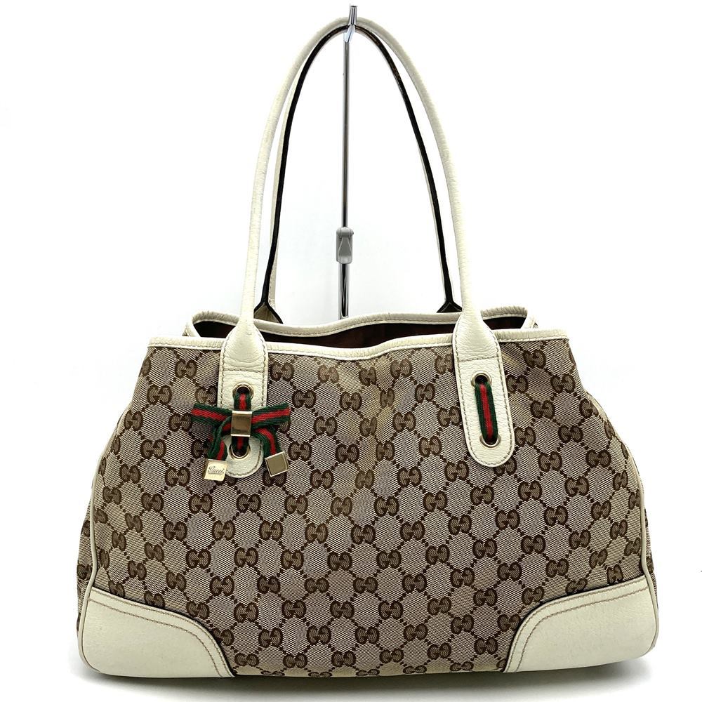 Gucci Princess 163805 Tote Bag, Sherry Line, Horizontal Shoulder Bag, GG Canvas, Brown/White