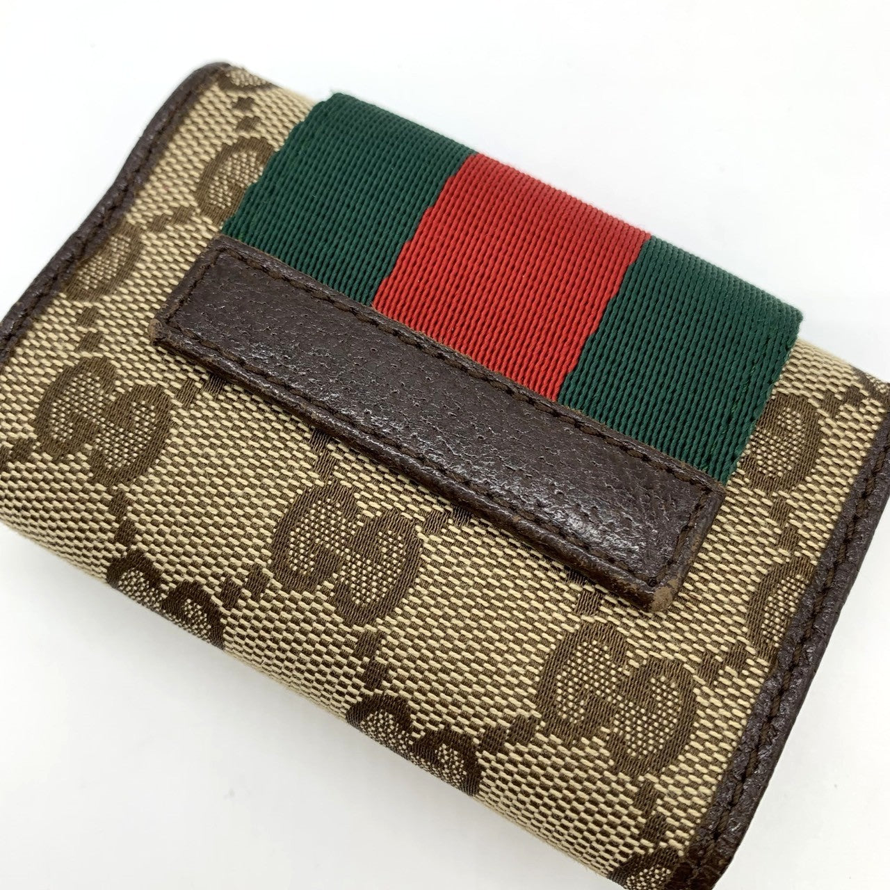 Gucci 181673 Key Case, Brown GG Canvas/Leather, Sherry Line