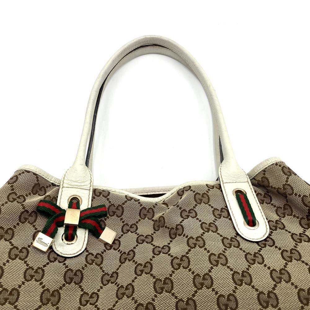 Gucci Princess 163805 Tote Bag, Sherry Line, Horizontal Shoulder Bag, GG Canvas, Brown/White
