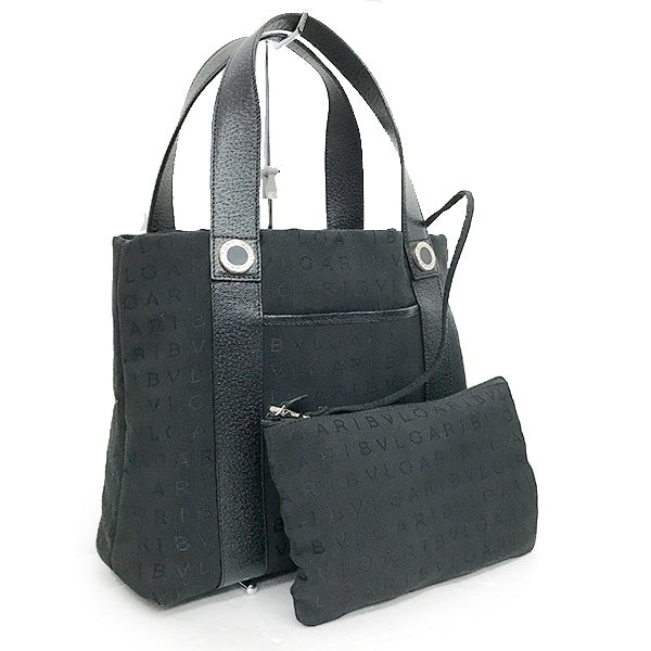 Bvlgari bag handbag tote bag black canvas and leather with pouch and logo