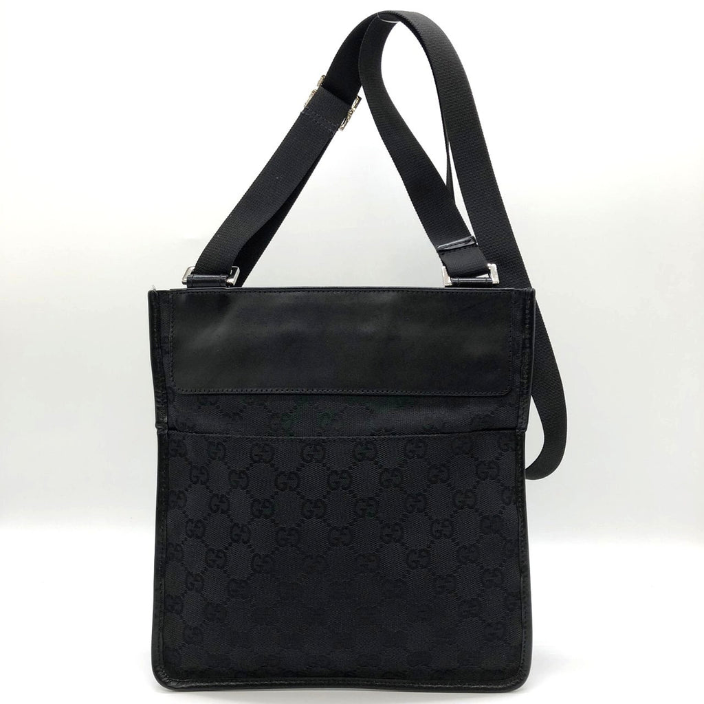Gucci 27639 Slim Shoulder Bag, Crossbody, Black GG Canvas/Leather