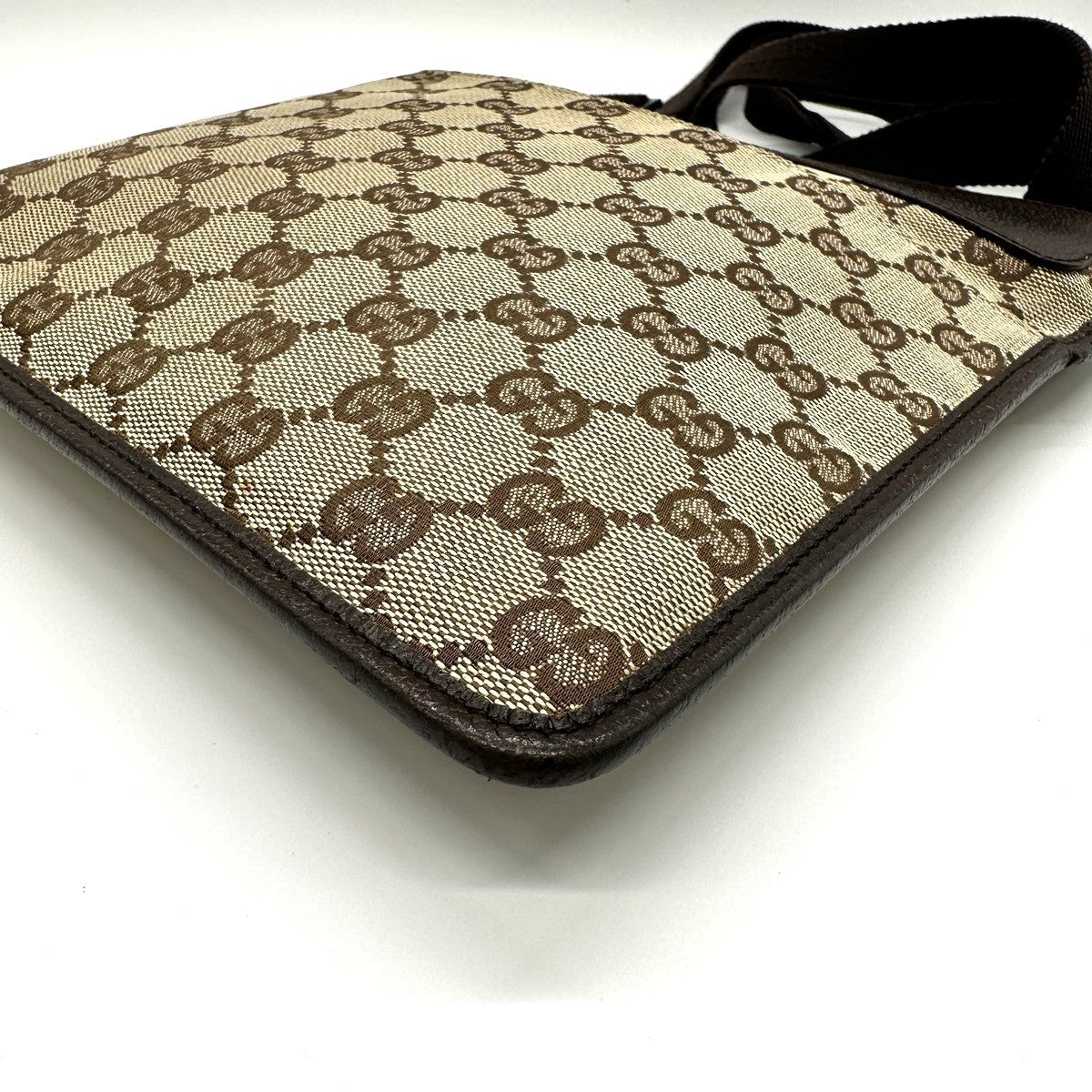 Gucci 27639 GG Line Crossbody Shoulder Bag, Canvas and Leather, Brown, Slim