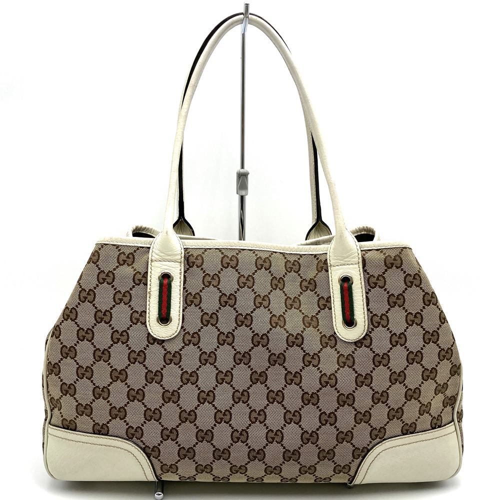 Gucci Princess 163805 Tote Bag, Sherry Line, Horizontal Shoulder Bag, GG Canvas, Brown/White