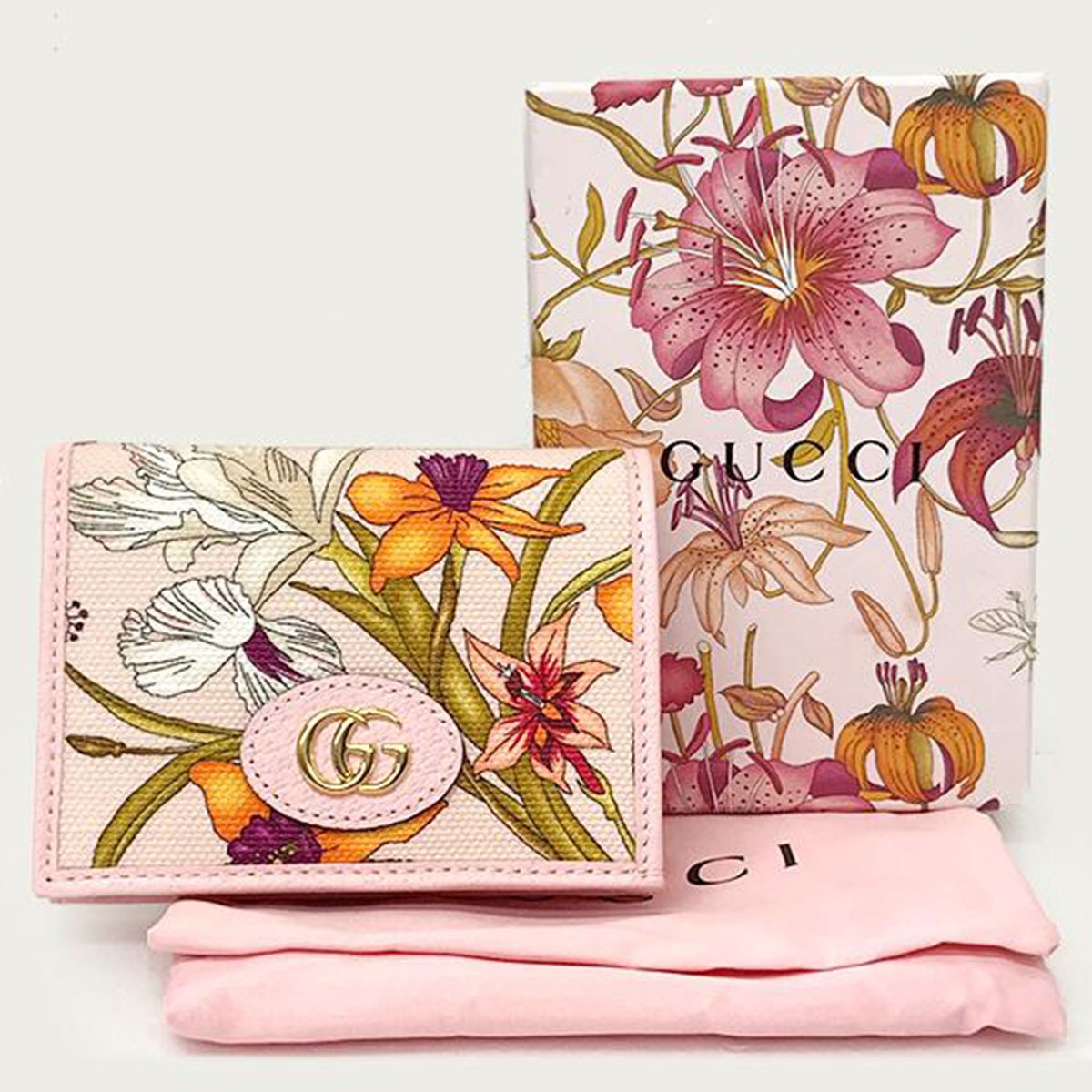 Unused/Boxed Gucci 577347 GG Marmont Flora Bifold Wallet with Coin Purse, Pink Canvas and Leather