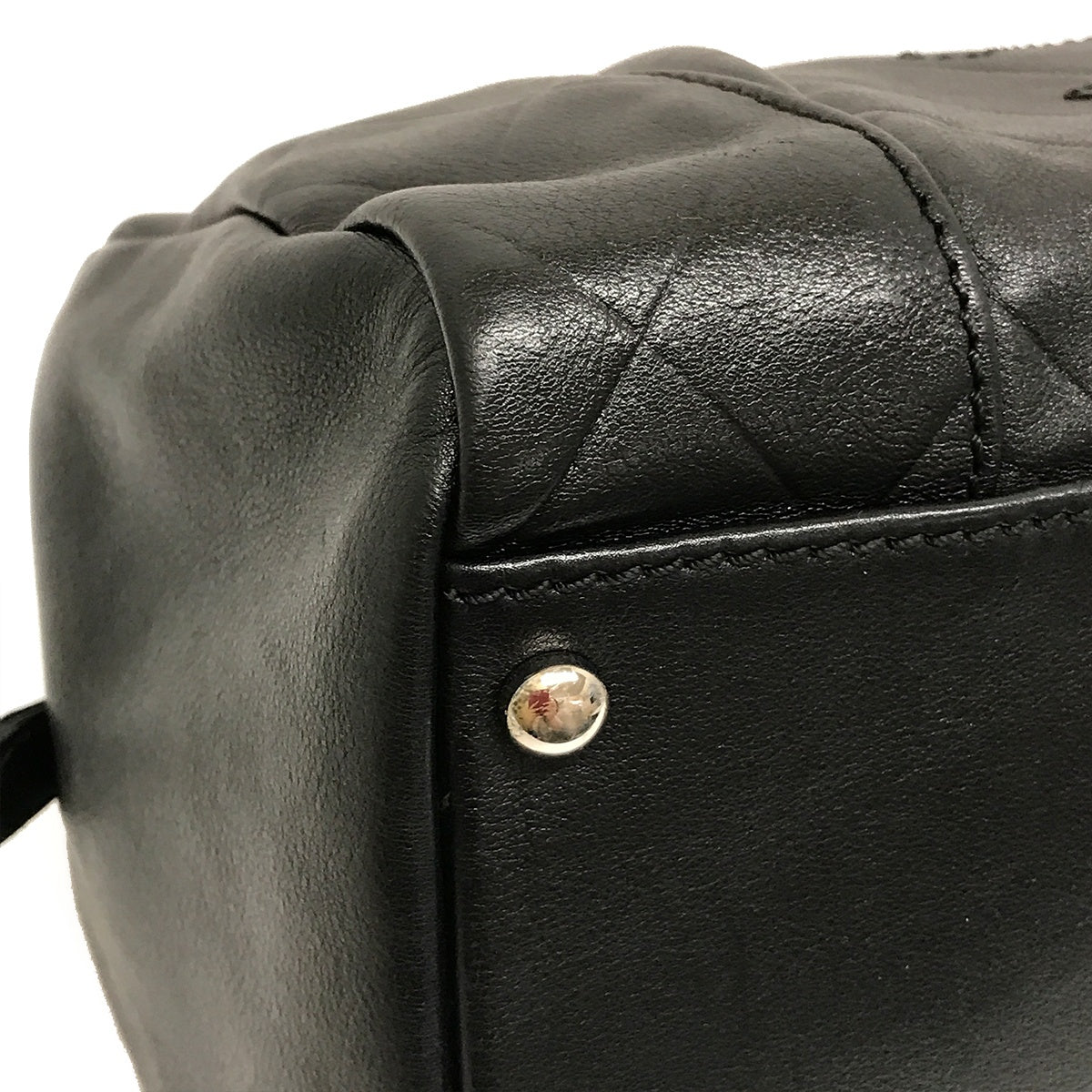 Used Chanel Mini Boston Handbag with Chevron and Coco Mark in Black Leather