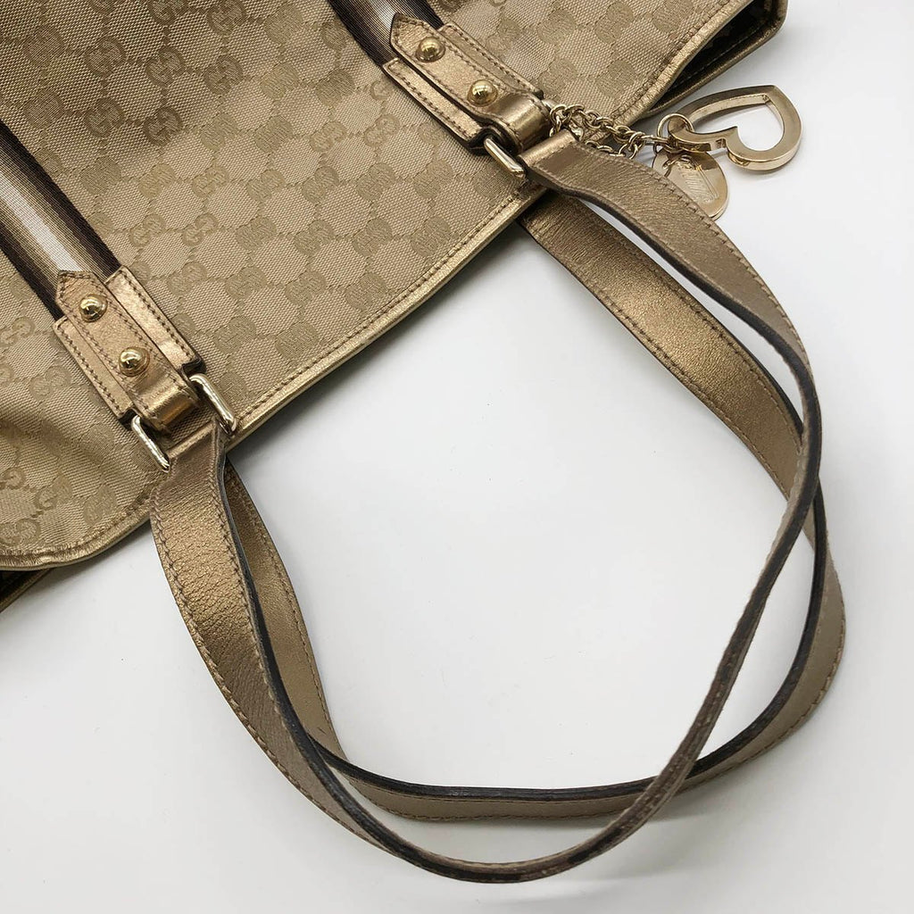 Gucci 137396 Tote Bag in GG Canvas with Heart Charm, Brown and Gold