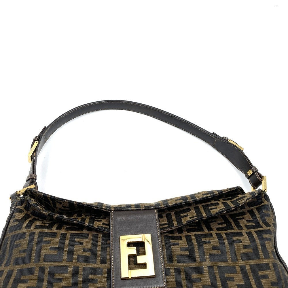 Fendi Zucca A4-sized shoulder bag with FF logo, one-shoulder style, nylon canvas, brown