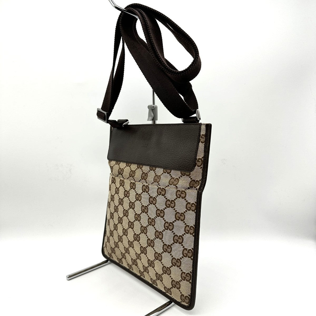 Gucci 27639 GG Line Crossbody Shoulder Bag, Canvas and Leather, Brown, Slim