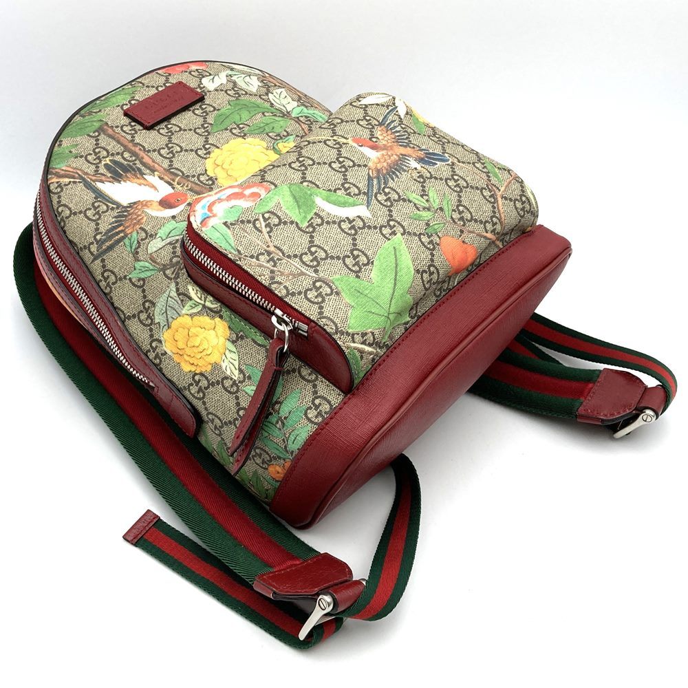 Gucci 2016 Spring/Summer Tian 427042 Backpack/Daypack, Bird and Flower Design, Multicolor, Green/Yellow/Red, GG Supreme Canvas/Leather