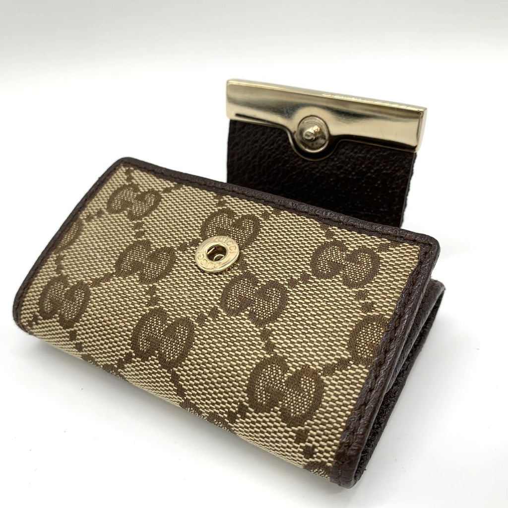 Gucci 181673 Key Case, Brown GG Canvas/Leather, Sherry Line