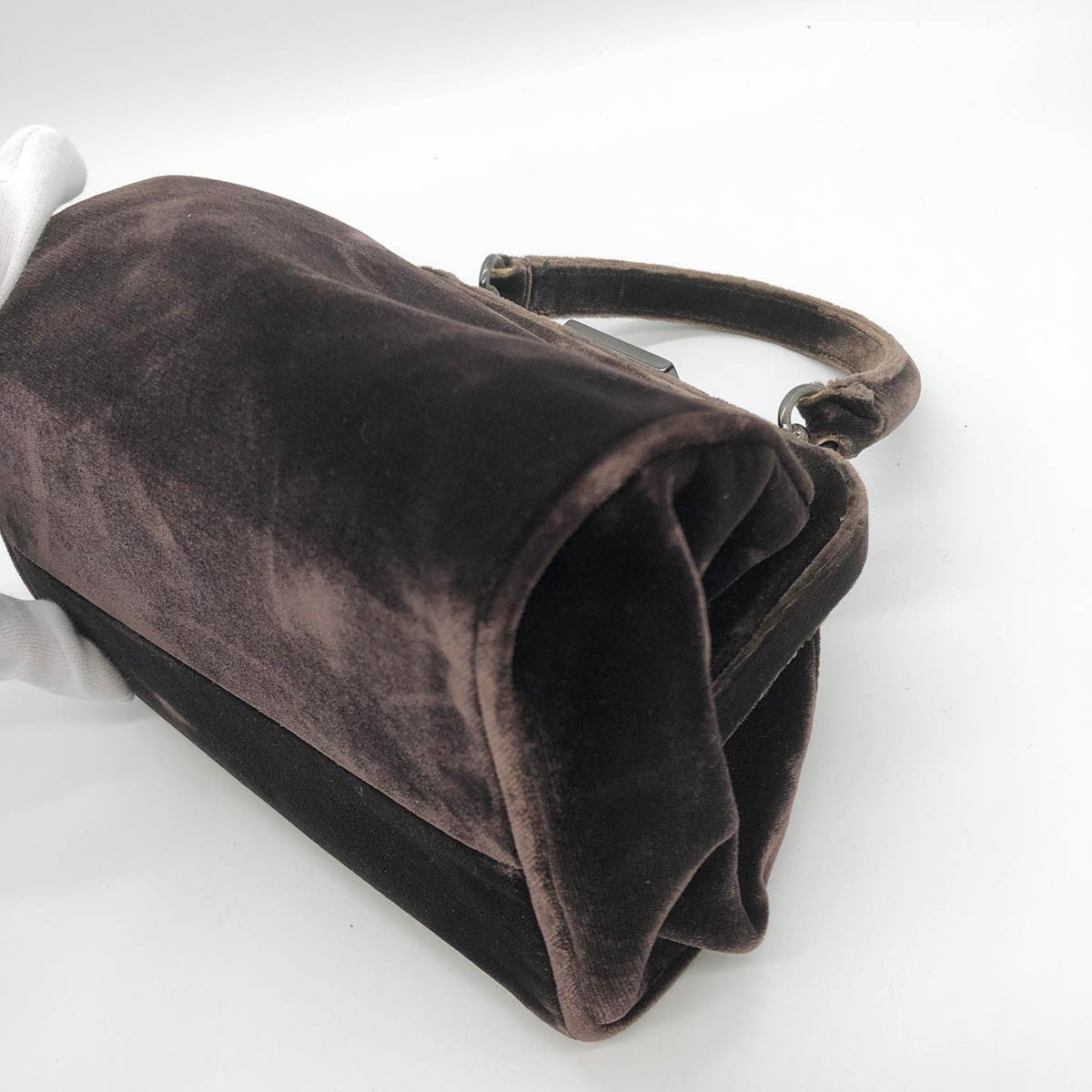 Prada handbag, brown velour with clasp closure