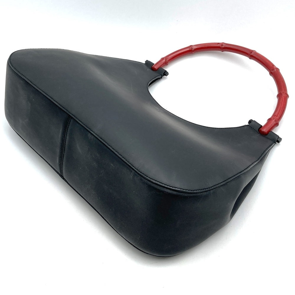 Gucci 001 3739 One-Shoulder Leather/Bamboo Shoulder Bag in Black/Red