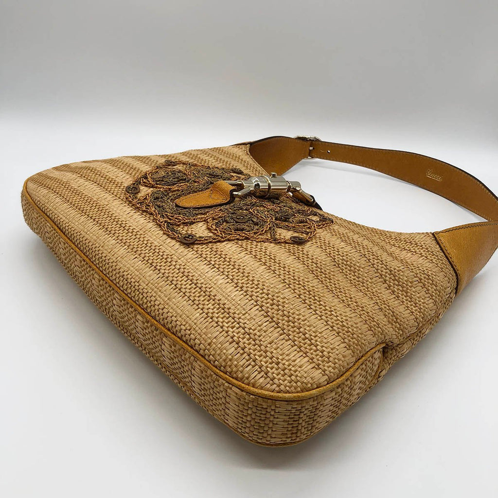 Gucci 140040 New Jackie One-Shoulder Bag, Embroidered Straw Leather, Yellow, Beige, Orange
