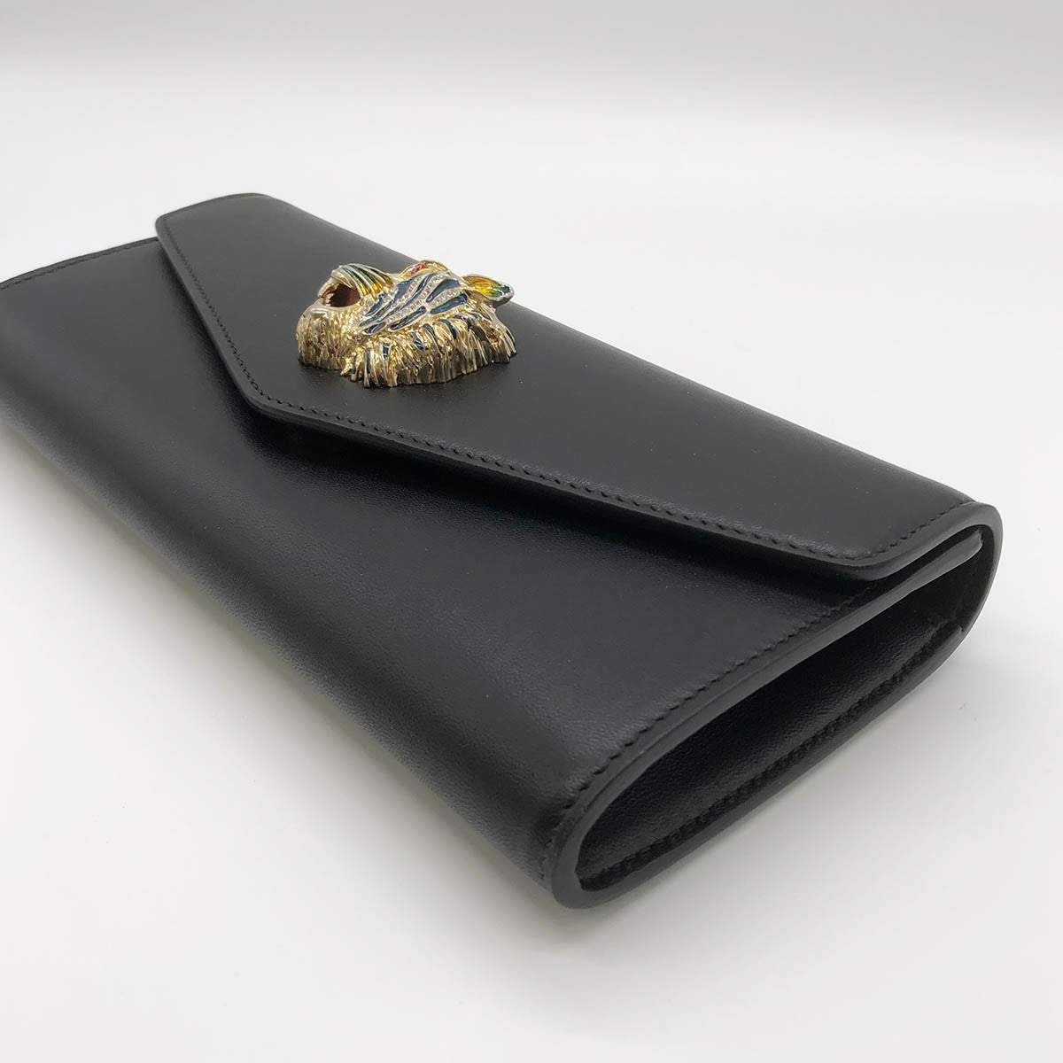 Gucci 576532 Raja Broadway Tiger Leather Clutch Bag in Black and Gold