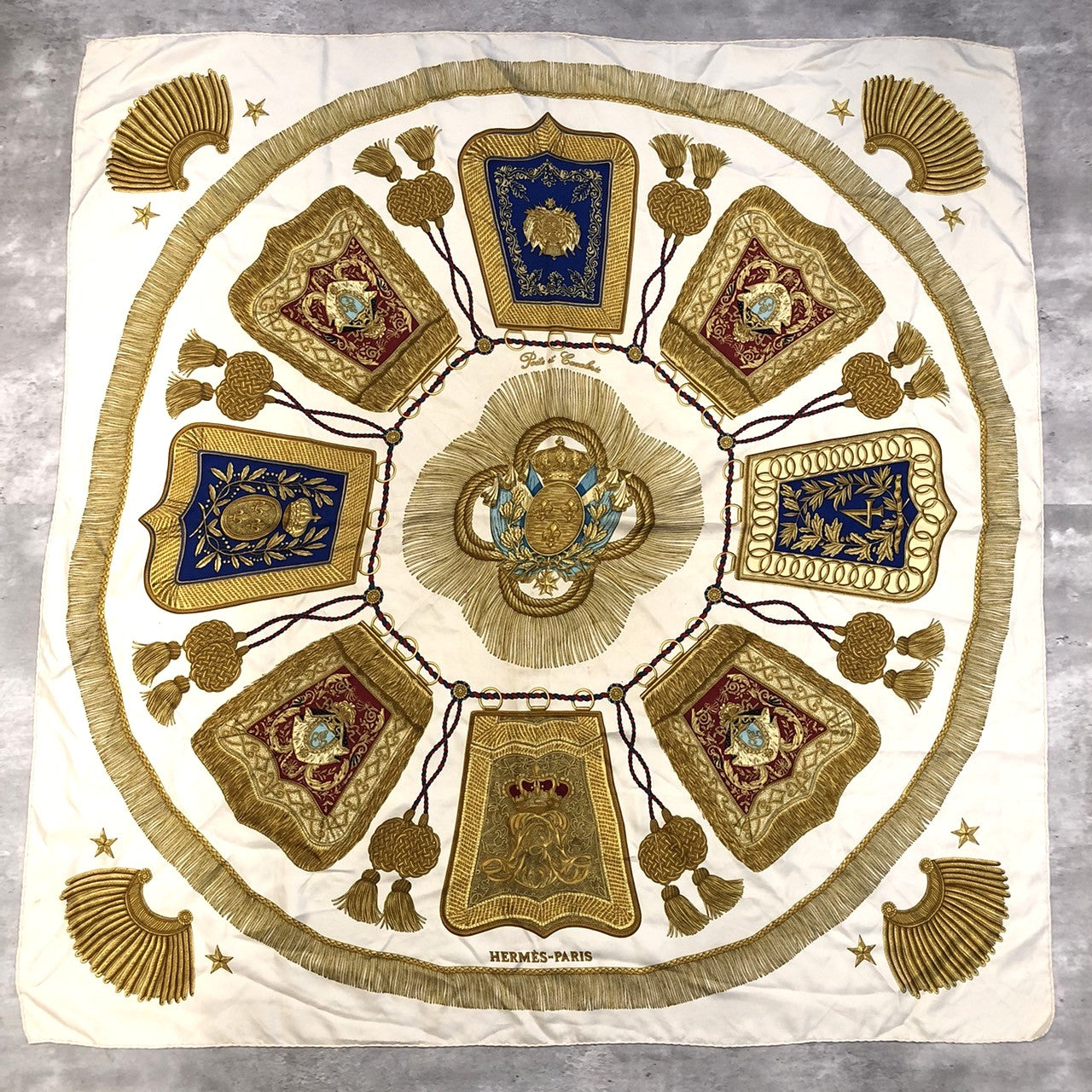 HERMES Carre 90 Poste et Cavalerie Scarf, Gold, Silk, Women's