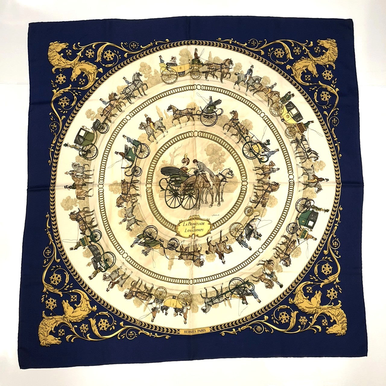HERMES Carre 90 LA PROMENADE DE LONGCHAMPS (A Walk to Longchamp) Silk Scarf, Navy, Women's