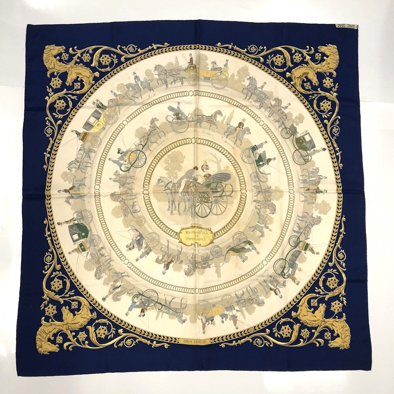 HERMES Carre 90 LA PROMENADE DE LONGCHAMPS (A Walk to Longchamp) Silk Scarf, Navy, Women's