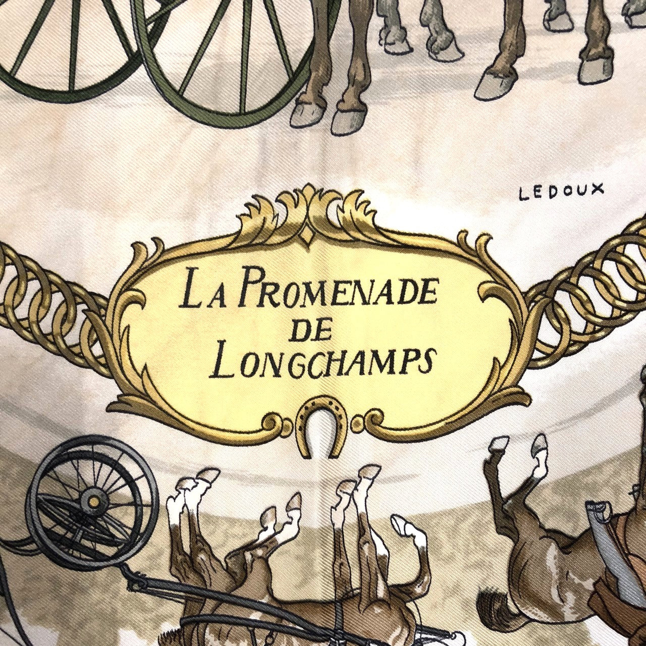 HERMES Carre 90 LA PROMENADE DE LONGCHAMPS (A Walk to Longchamp) Silk Scarf, Navy, Women's