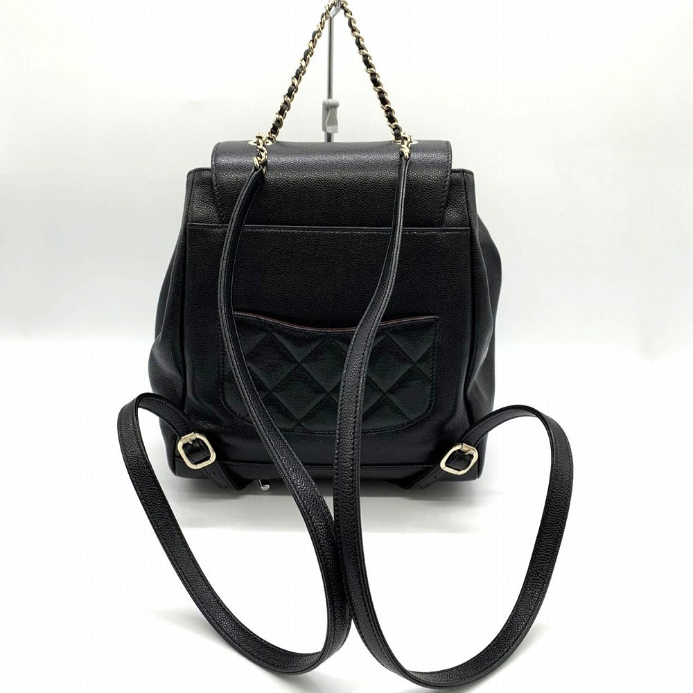 Excellent condition CHANEL Matelassé backpack/daypack with chain, Coco Mark, black, silver hardware, caviar leather, women's, luxury brand, collection item. PRE-OWNED