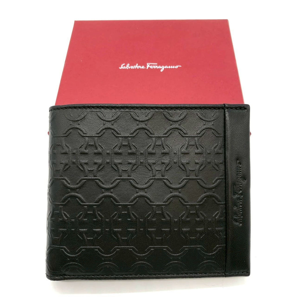 Salvatore Ferragamo Gancini Bi-fold Leather Wallet, Black, for Women and Men PRE-OWNED