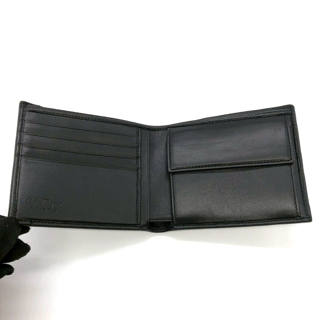 Salvatore Ferragamo Gancini Bi-fold Leather Wallet, Black, for Women and Men PRE-OWNED