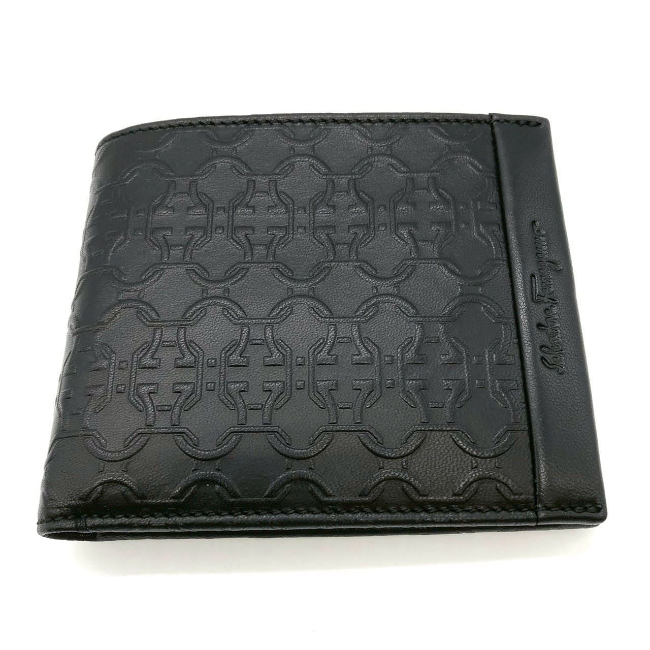 Salvatore Ferragamo Gancini Bi-fold Leather Wallet, Black, for Women and Men PRE-OWNED