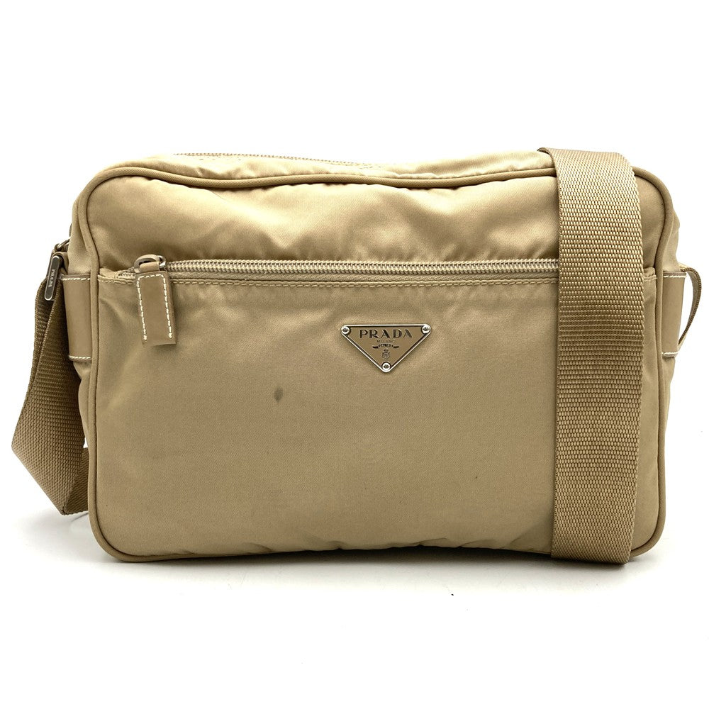 PRADA Prada Shoulder Bag Nylon Leather Beige Triangle Logo Women's Men's Fashion USED