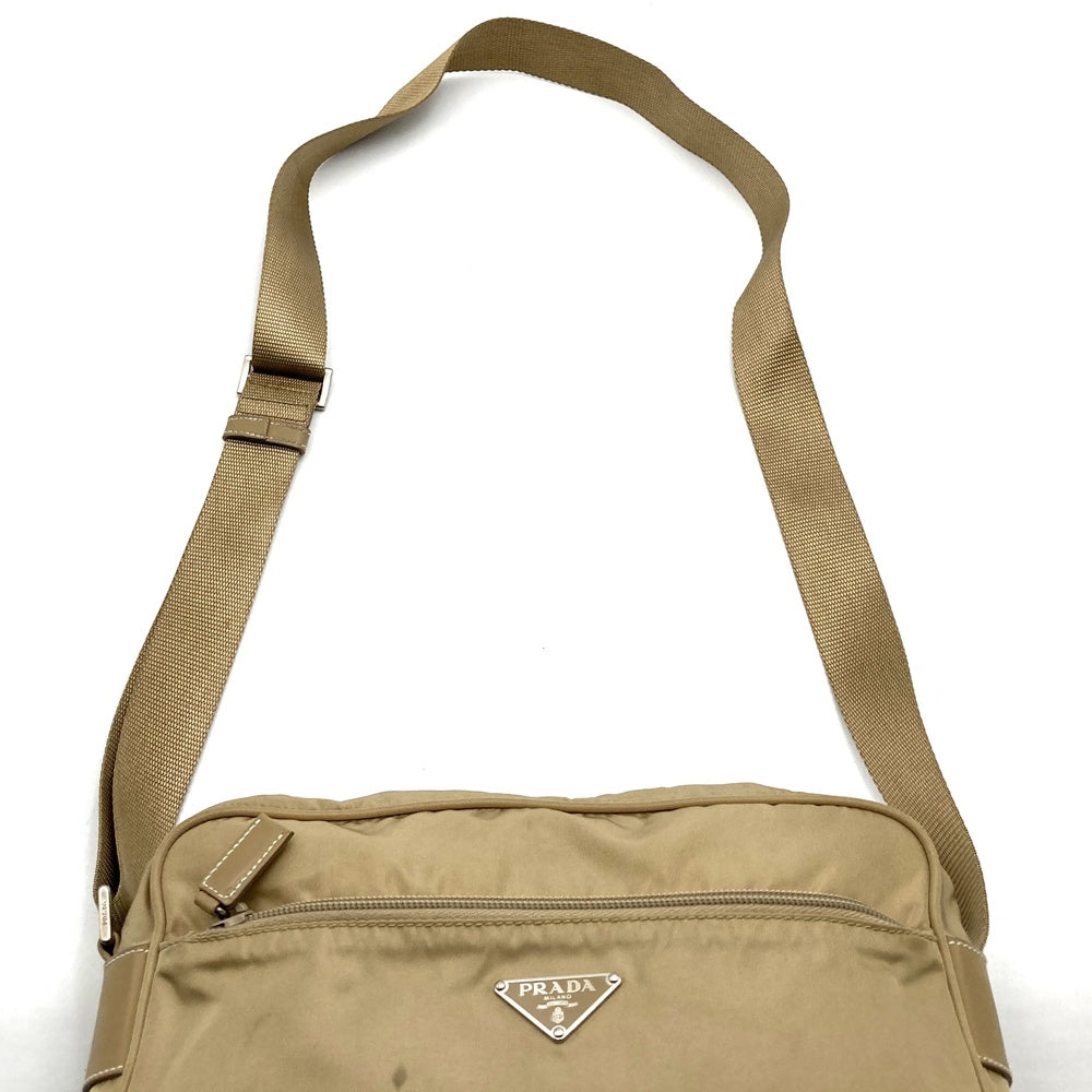 PRADA Prada Shoulder Bag Nylon Leather Beige Triangle Logo Women's Men's Fashion USED
