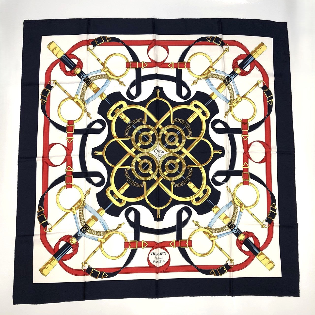 HERMES Carre 90 Eperon dor (Golden Spur) Silk Scarf, Navy, Women's