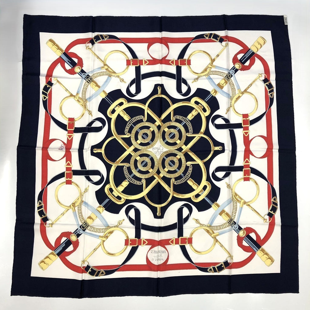 HERMES Carre 90 Eperon dor (Golden Spur) Silk Scarf, Navy, Women's PRE-OWNED