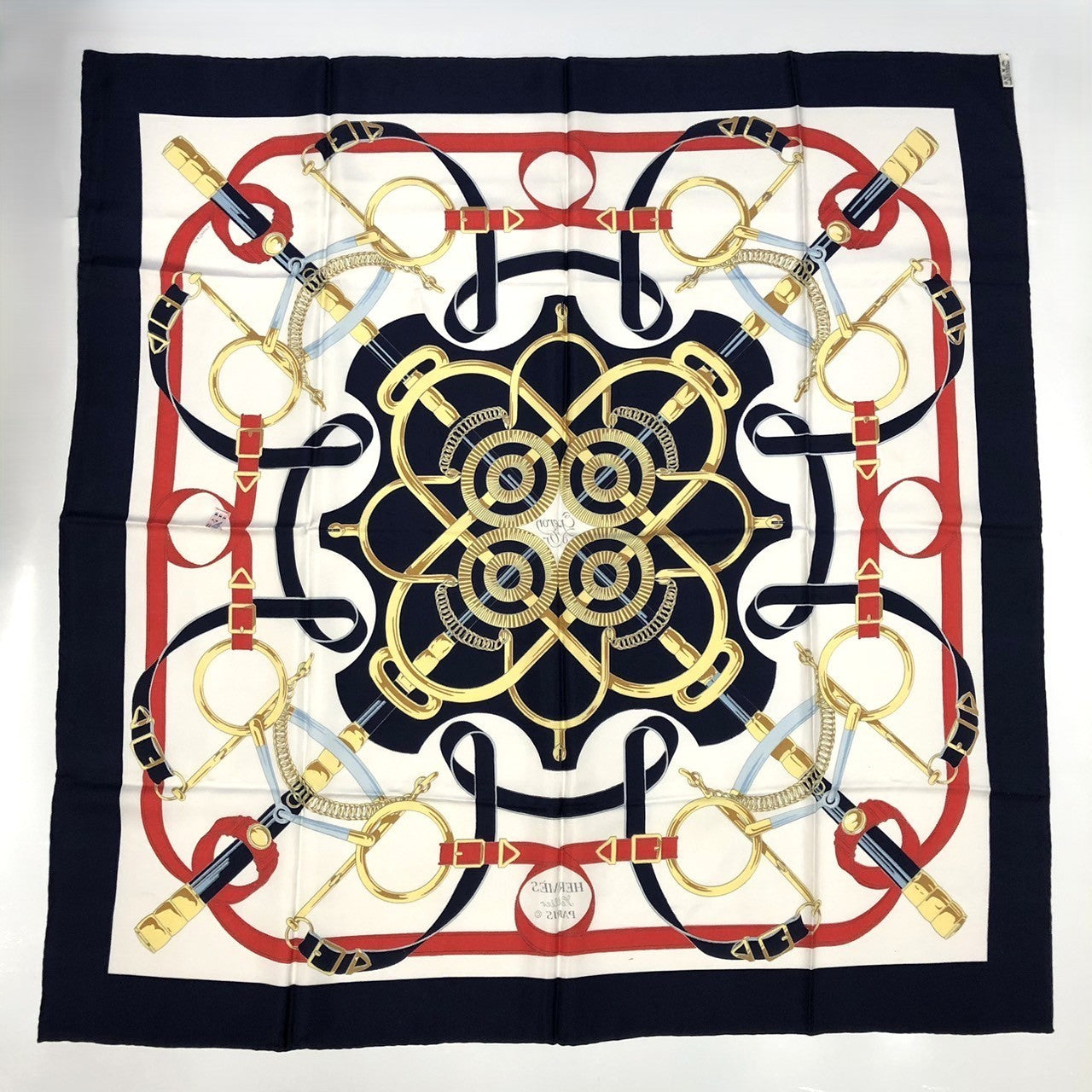 HERMES Carre 90 Eperon dor (Golden Spur) Silk Scarf, Navy, Women's