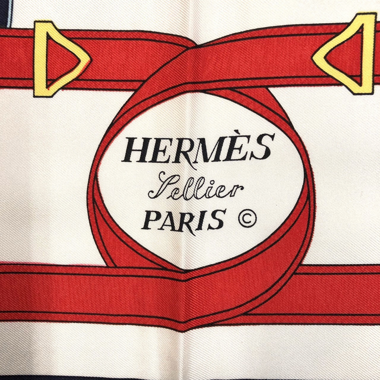 HERMES Carre 90 Eperon dor (Golden Spur) Silk Scarf, Navy, Women's